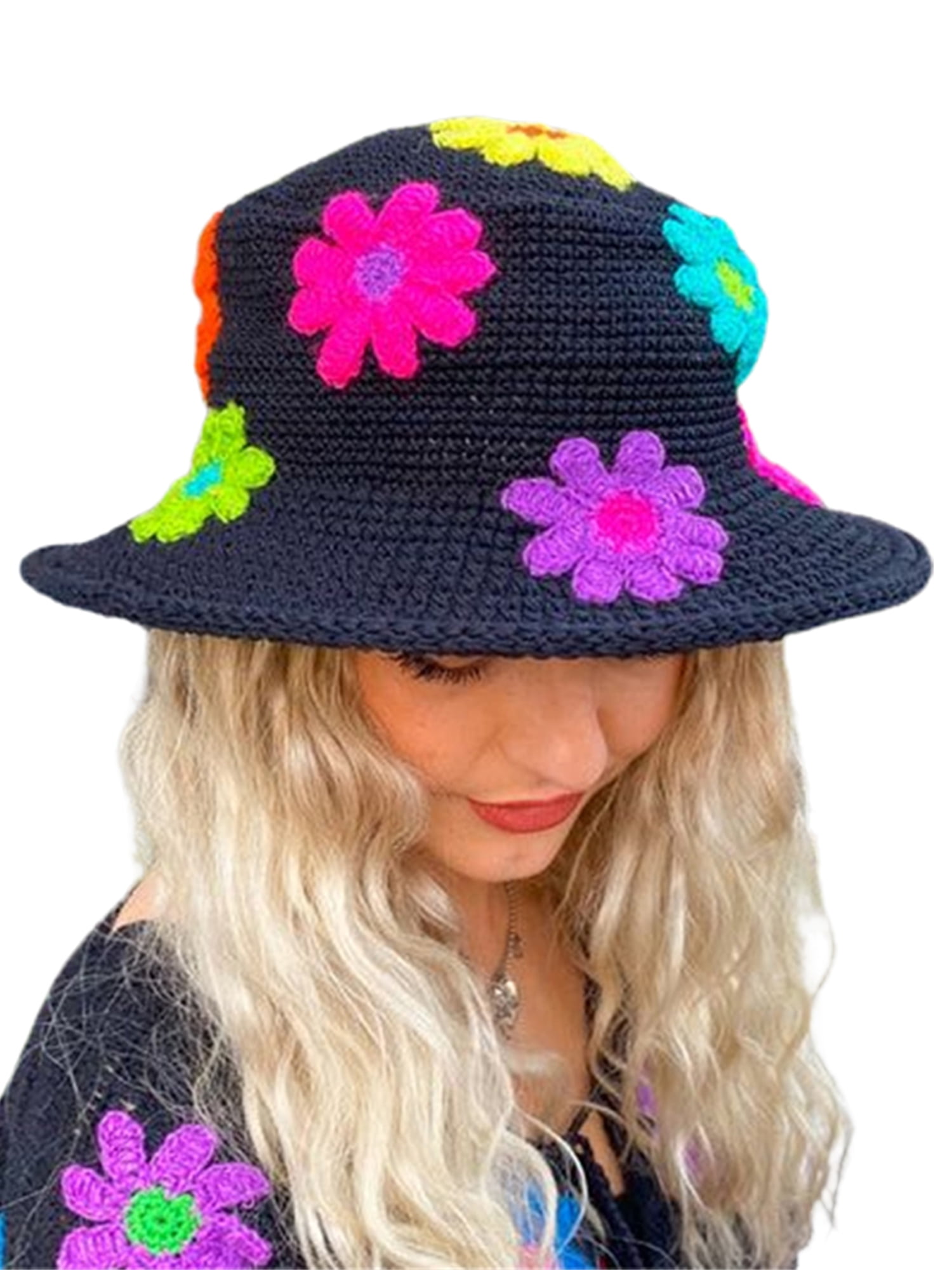 Women Crochet Bucket Hat Cute Flower Pattern Knitted Fisherman Hat Summer  Trendy Outdoor Wide Brim Sun Cap 