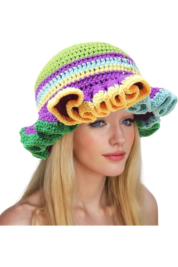 Women Crochet Bucket Hat Cute Winter Ruffled Brim Floppy Cap Handmade Knit Cloche Hats