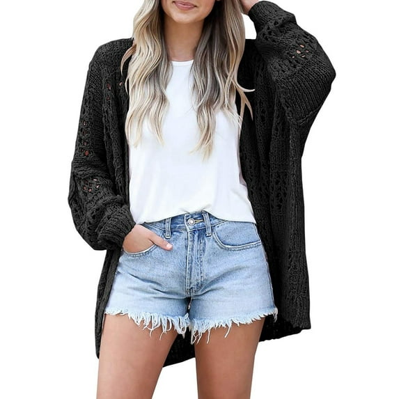Women Crochet Cardigan Sweater Kimonos Boho Solid Color Oversized Fall Open Front Outwear Black XXL