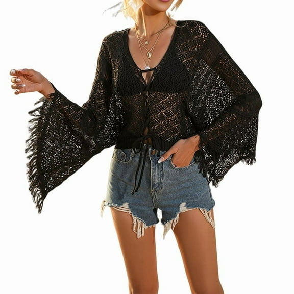 Women Crochet Cardigan - Tie Front Hollow Out Long Sleeves Summer Knit Cover Black M