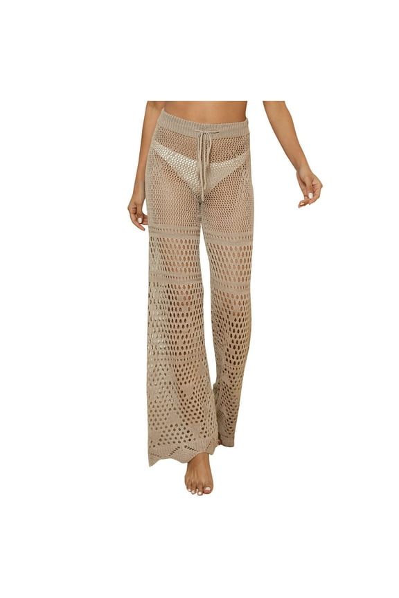 Women Crochet Cover Up Pants Hollow Out High Waist Beach Pants Knit Swimsuit Coverup Pants
