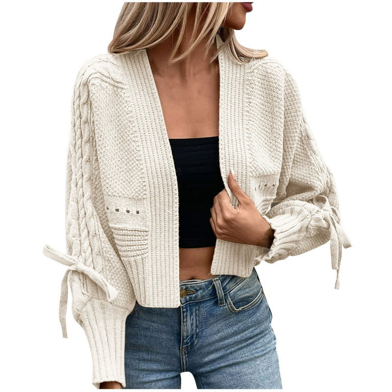 Women Crochet Cropped Sweater Open Front Long Sleeve Cable Knit