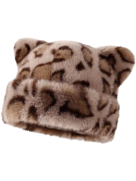 Women Crochet Hat Knit Cat Ear Slouchy Beanie Cute Leopard Print Soft Thick Winter Warm Hat Khaki