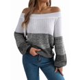thumbnail image 1 of Women Crochet Knit Casual Color Block Off Shoulder Trendy Sweaters Pullover Lantern Sleeve Warm Tops Black L, 1 of 8