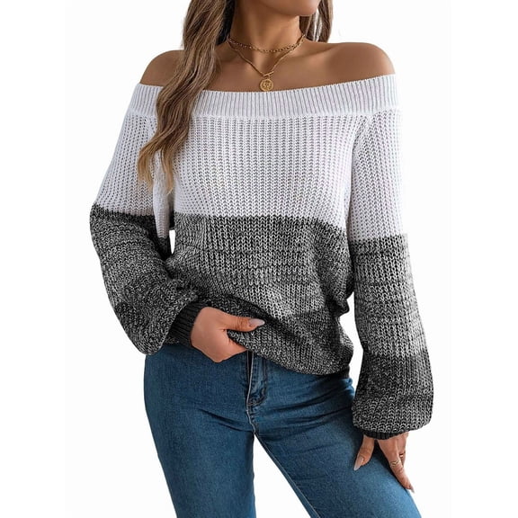 Women Crochet Knit Casual Color Block Off Shoulder Trendy Sweaters Pullover Lantern Sleeve Warm Tops Black L