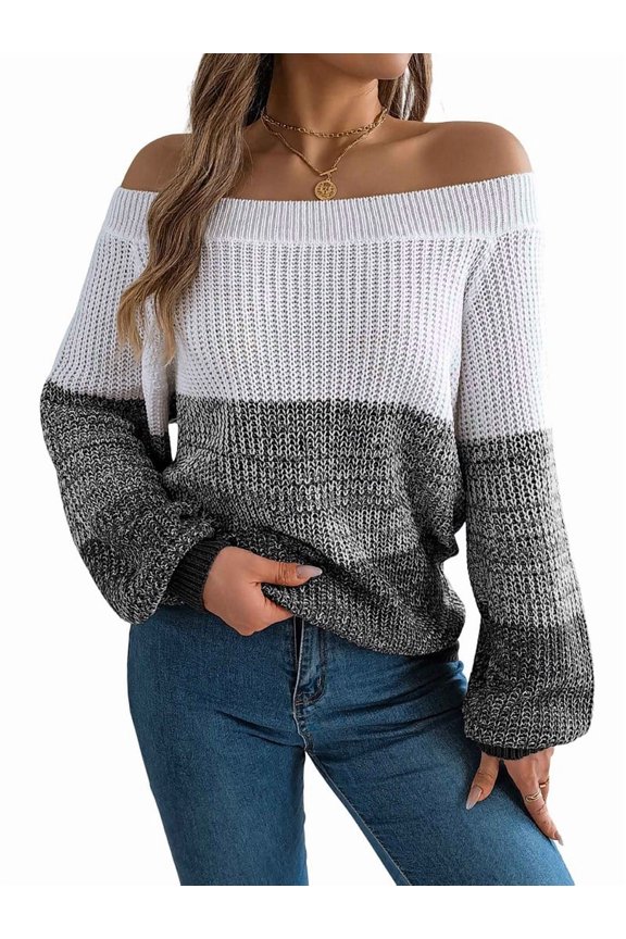 Women Crochet Knit Casual Color Block Off Shoulder Trendy Sweaters Pullover Lantern Sleeve Warm Tops Black L