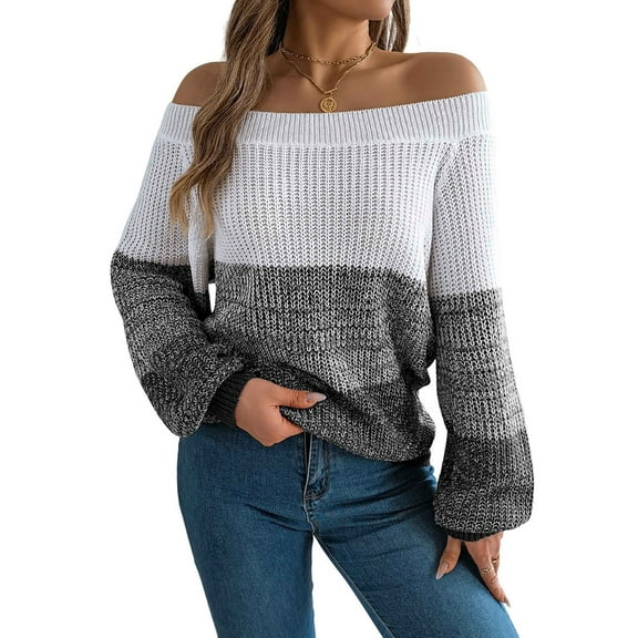 Women Crochet Knit Casual Color Block Off Shoulder Trendy Sweaters Pullover Lantern Sleeve Warm Tops Black S