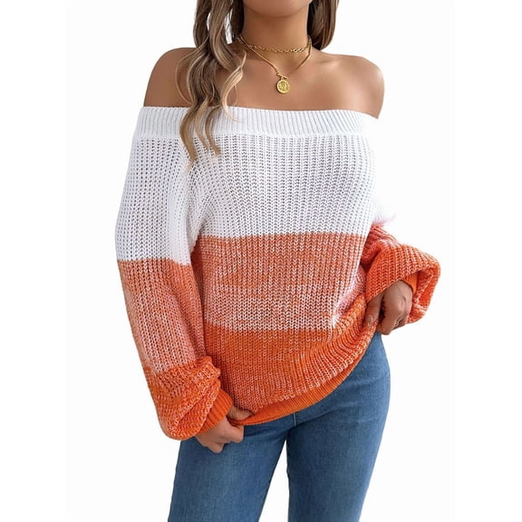 Women Crochet Knit Casual Color Block Off Shoulder Trendy Sweaters Pullover Lantern Sleeve Warm Tops Orange M