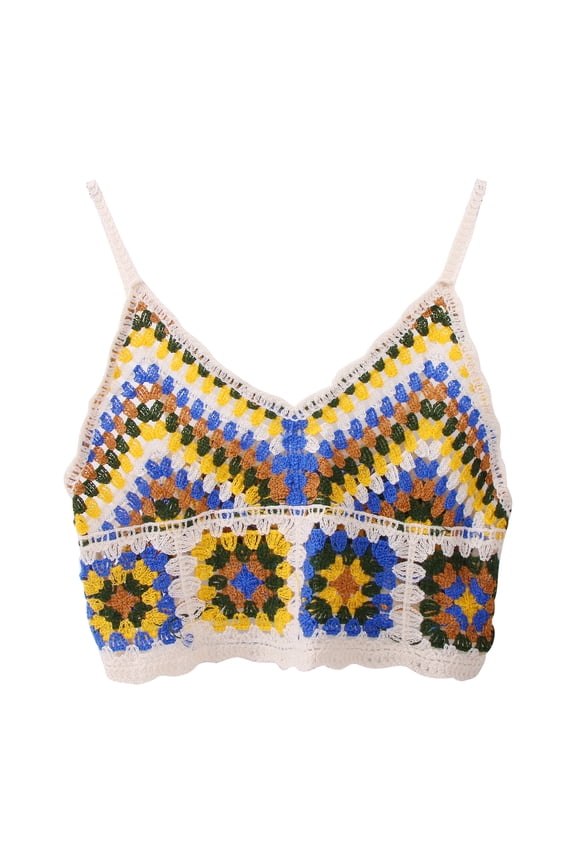 Women Crochet Knit Crop Top Ethnic Vintage Embroidery Geometric Beach Camisole