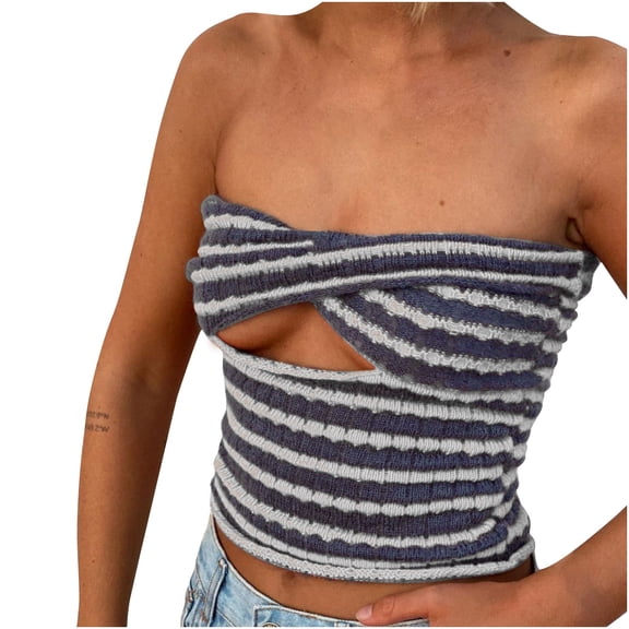 Women Crochet Knit Crop Top Y2k Stripe Wrap Tee Shirt E Girl Tube Tops Ladies Sleeveless Sexy Comfy Blouse