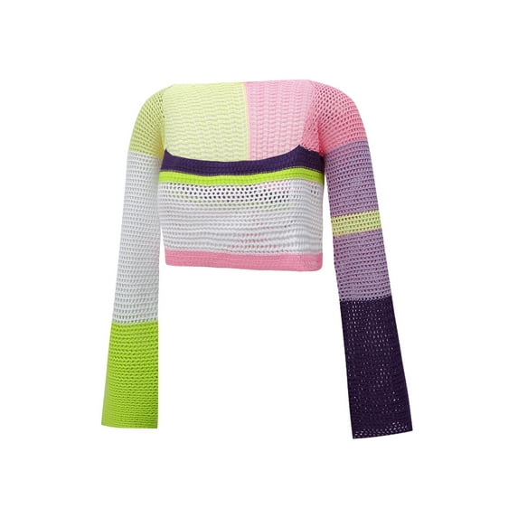 Women Crochet Knit Crop Tops Long Sleeve Color Block Hollow Out Regular Fit T-Shirts