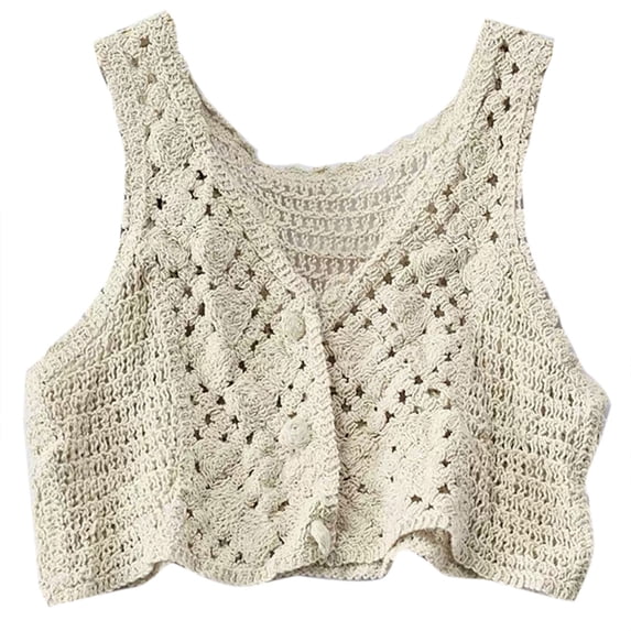 Women Crochet Knit Sleeveless Crop Top Vest Floral Lace Button Waistcoat Jacket