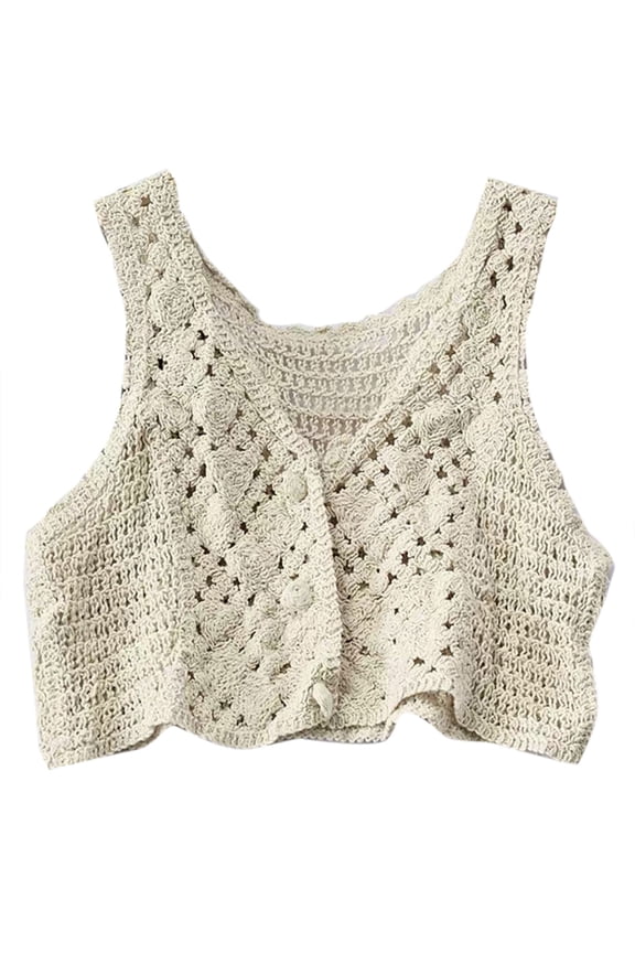 Women Crochet Knit Sleeveless Crop Top Vest Floral Lace V-Neck Button Down Waistcoat Slim Mini Cardigan Sweater Jacket