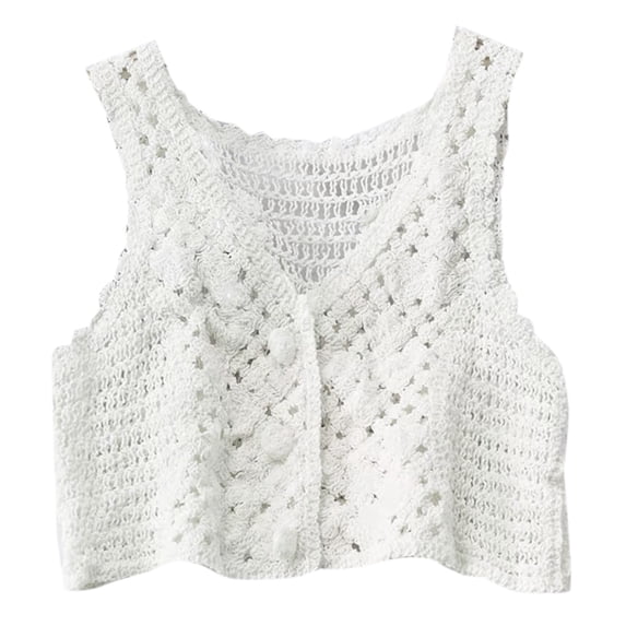 Women Crochet Knit Sleeveless Crop Top Vest Floral Lace V-Neck Button Down Waistcoat Slim Mini Cardigan Sweater for Jack