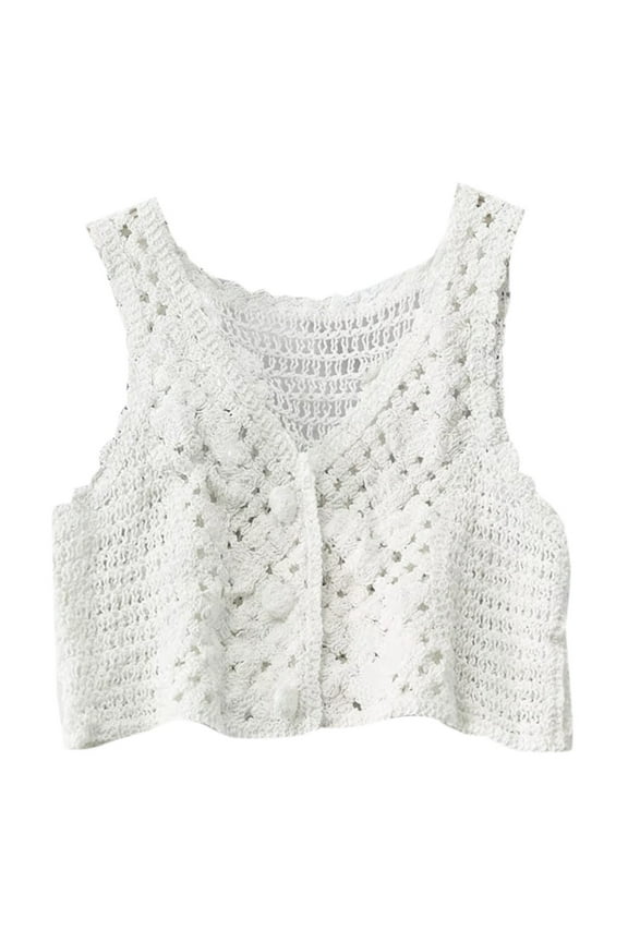 Women Crochet Knit Sleeveless Crop Top Vest Floral Lace V-Neck Button Down Waistcoat Slim Mini Cardigan Sweater for Jack