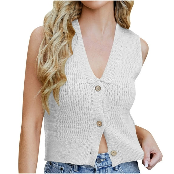 Women Crochet Knit Vest Top Button Up Deep V-Neck Sleeveless Sweater Vest Y2k Going Out Top 2025 Trendy Cropped Tops