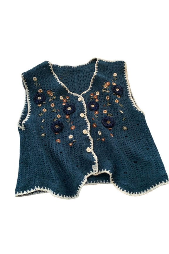 Women Crochet Knit Vest Waistcoat Embroidery Floral Button Sleeveless Cardigan