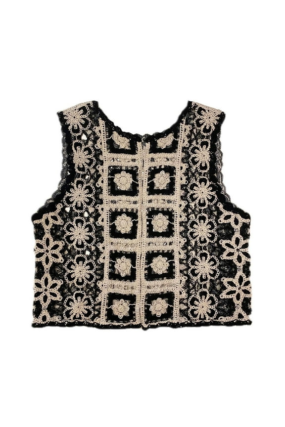 Women Crochet Knit Vest Waistcoat Vintage Colorful Floral Pattern Sleeveless Cardigan for Jacket