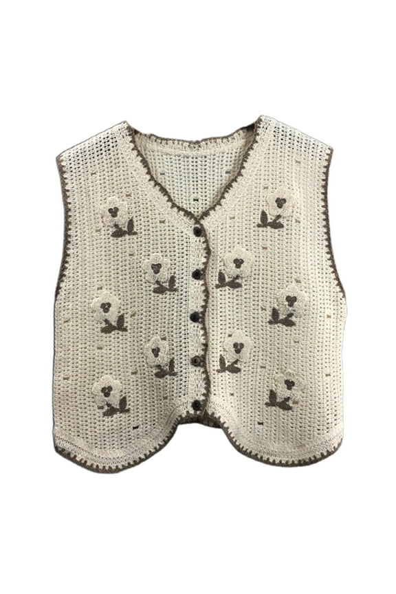 Women Crochet Knitted Vest Waistcoat Ethnic Colorful Florals Pattern Sleeveless Cardigan Jackets V-Neck Crop Top Shirt