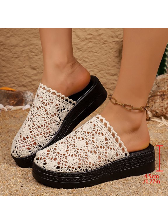 Women Crochet Lace Mesh Closed‑Toe Mule Slippers, Platform Wedge Slip‑On Sandals, Breathable Lightweight Non‑Slip Fashion Summer Footwear for Home Beach Outdoor Daily Casual Wear