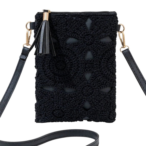 Women Crochet Lace Mini Crossbody Bag, Tassel Zipper Cell Phone Purse Adjustable Strap Bohemian Shoulder Handbag(Black,One Size)