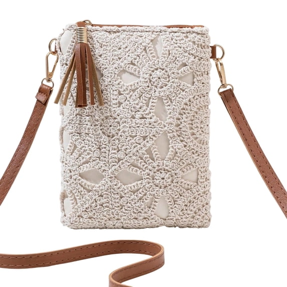 Women Crochet Lace Mini Crossbody Bag, Tassel Zipper Cell Phone Purse Adjustable Strap Bohemian Shoulder Handbag(Brown,One Size)