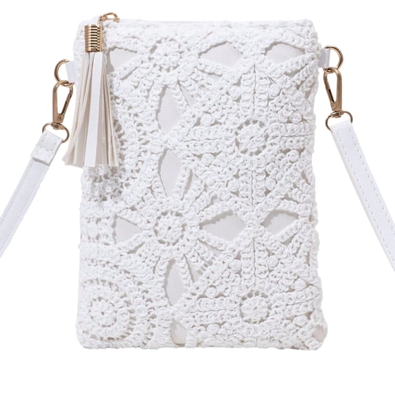 Women Crochet Lace Mini Crossbody Bag, Tassel Zipper Cell Phone Purse Adjustable Strap Bohemian Shoulder Handbag(White,One Size)