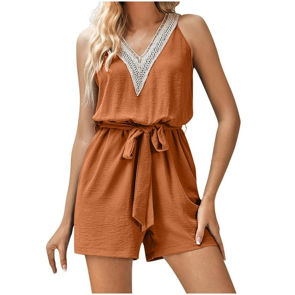 Women Crochet Lace Trim Jumpsuit Elegant Loose Fit V-Neck Wide Leg Rompers with Waist Tie Adjustable Straps, Summer 2025 Casual A-Line Overalls for Beach & Vacation