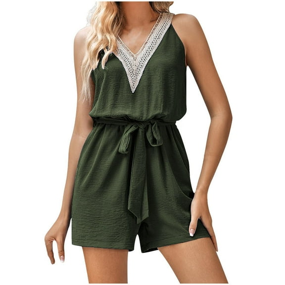 Women Crochet Lace Trim Jumpsuit Elegant Loose Fit V-Neck Wide Leg Rompers with Waist Tie Adjustable Straps, Summer 2025 Casual A-Line Overalls for Beach & Vacation