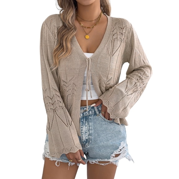 Women Crochet Long Sleeve Loose Casual Open Front Cardigan Drape Sweaters Boho Summer Beach Coverups Khaki L