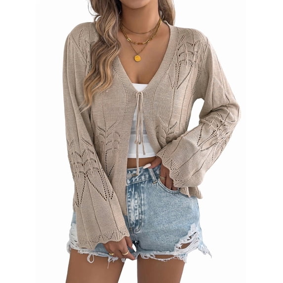 Women Crochet Long Sleeve Loose Casual Open Front Cardigan Drape Sweaters Boho Summer Beach Coverups Khaki S