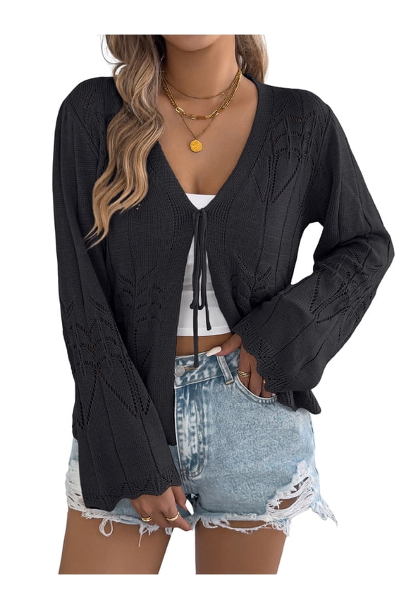Women Crochet Long Sleeve Loose Casual Open Front Cardigan Drape Sweaters Boho Summer Beach Coverups