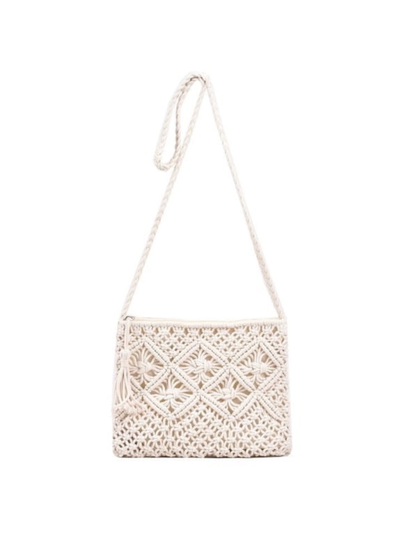 Women Crochet Shoulder Bag, Knitting Handmade Weaving Handbag, Simple Hollow Beach Bag,White