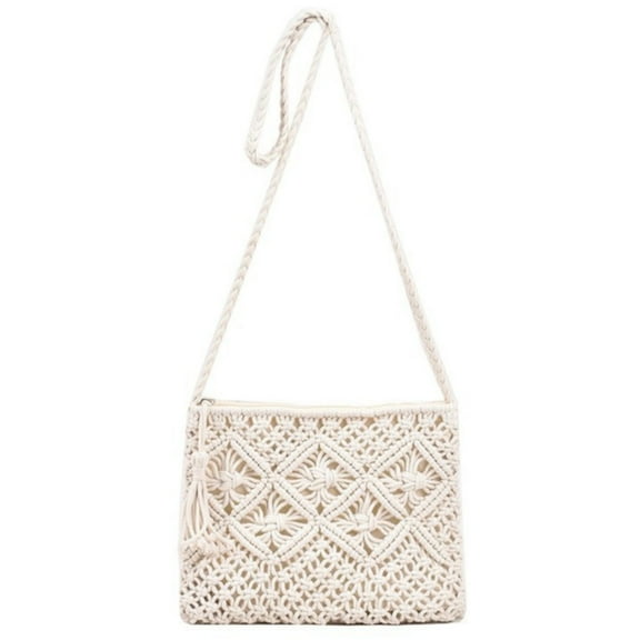 Women Crochet Shoulder Bag, Knitting Handmade Weaving Handbag, Simple Hollow Beach Bag,White