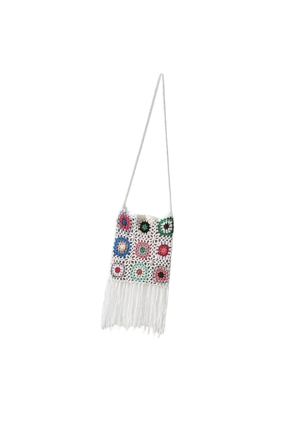Women Crochet Shoulder , Boho Casual Hand, Ethnic Style Woven Handmade Hollow Out Knitting , Tassel Purse White