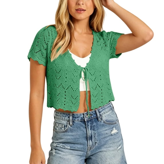 Women Crochet Shrug Knit Sweater,Spring Summer Beach Short Sleeve Shrug Cropped Boho Lightweight Sweater,Cover Up Tie Front Tops For Evening Dresses Casual Eyelet Shawl Thin Formal Blackish Green S