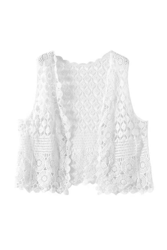 Women Crochet Sleeveless Vest Waistcoat Ethnic Hollowout Knit Geometric Pattern Solid Color Cardigan Jackets