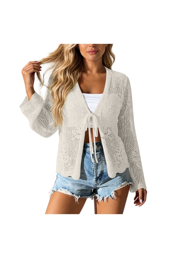 Women Crochet Summer Lightweight Cardigan Hollow Out Tie Front Sweater Long Sleeve Knit Shrug Beach Coverups