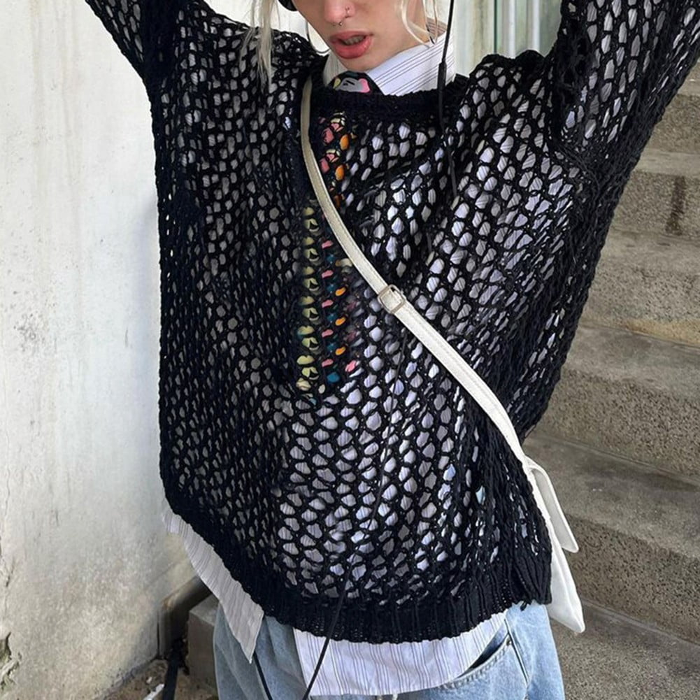 トップス birthdeath fishnet sweater Women Y2K Hollow Out Sweater Fishnet Mesh Knitted Long
