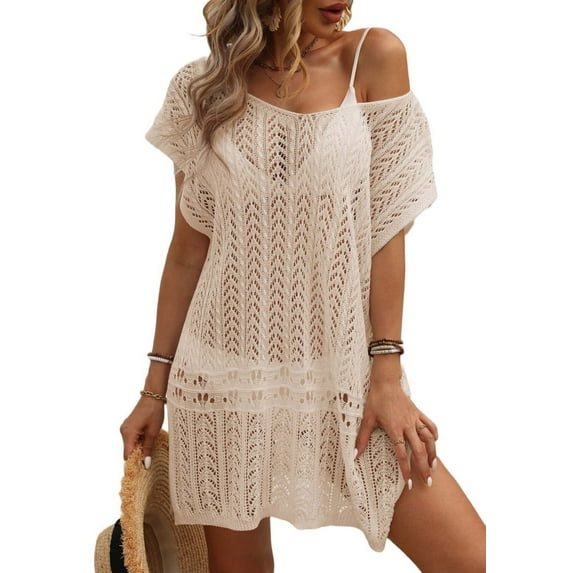 Women Crochet Swim Cover Up Summer V Neck Bathing Suit Swimwear Knit Short Sleeve Pullover 2025 One Size