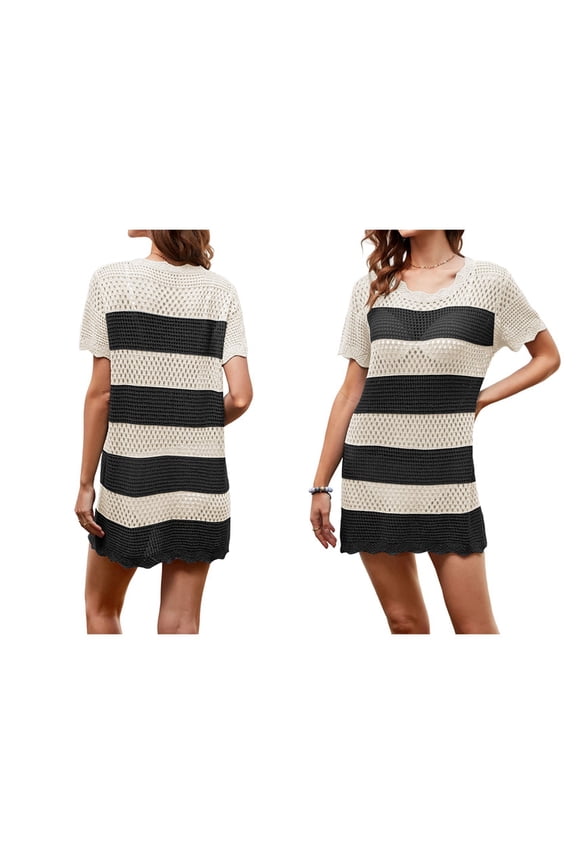 Women Crochet Swimsuit Beach Cover Up Short Sleeve Mesh Knit Bathing Suit Black L