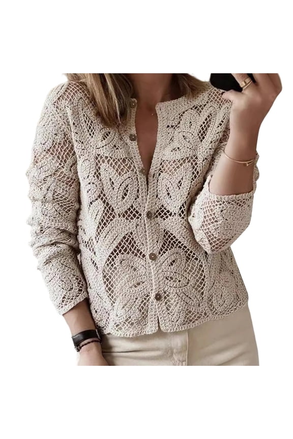 Women Crochet Top Hollow Out Round Neck Retro Casual Knit Shirt Lace Top Color M