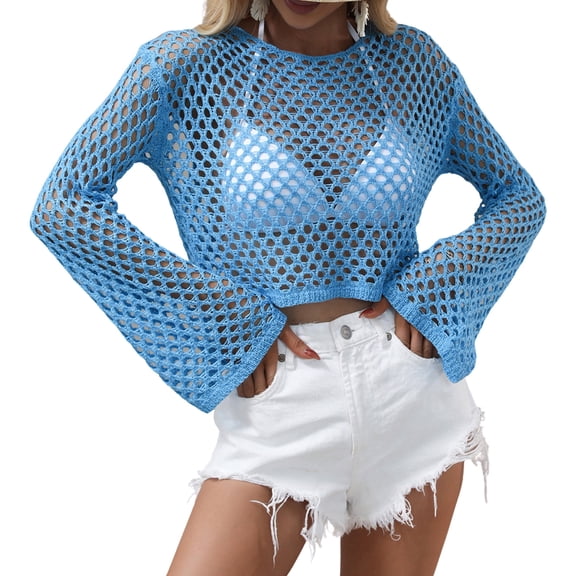 Women Crochet Tops Long Sleeve Hollow Out Crewneck Crochet Knit Sweater