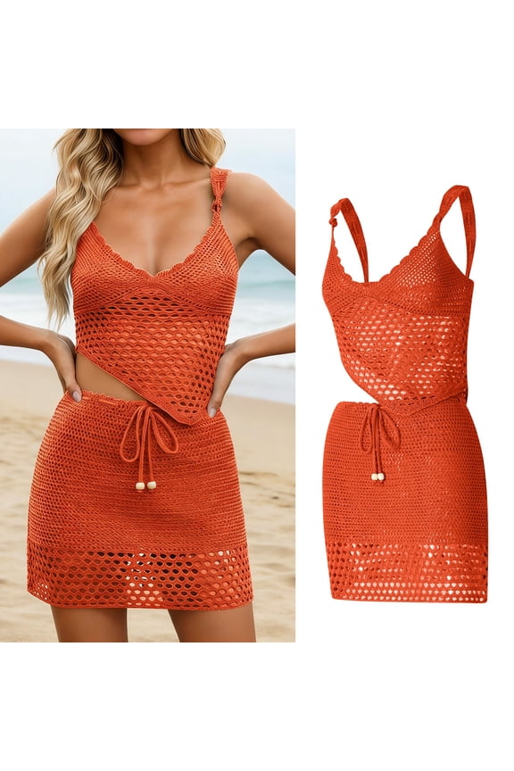 Women Crochet Two Piece Set Hollow Out Crop Tops and Bodycon Mini Skirt Slim Fit Summer Sets