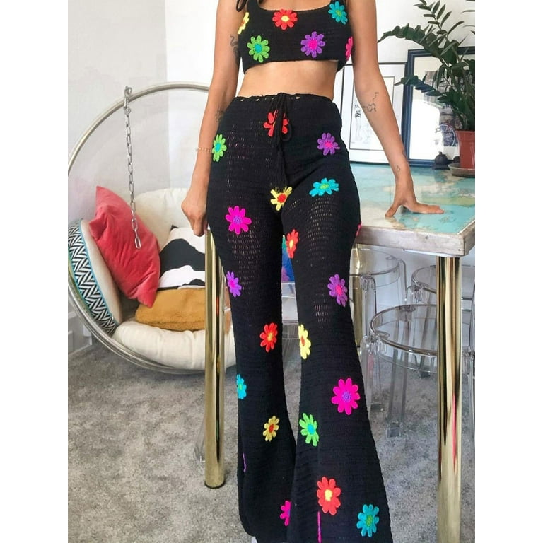 Women Crochet Wide Leg Long Pants Y2K Sexy Knitted Flower Print See Through  Flare Pants Streetwear