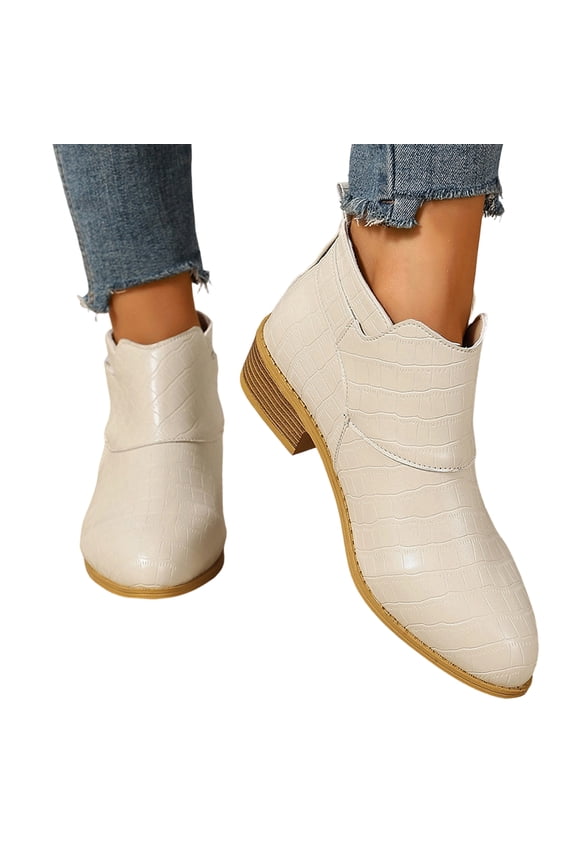 Women Crocodile Embossed Ankle Boots Side Buckle Strap Pointed Toe Low Wood Block Heel Casual Western Short Booties