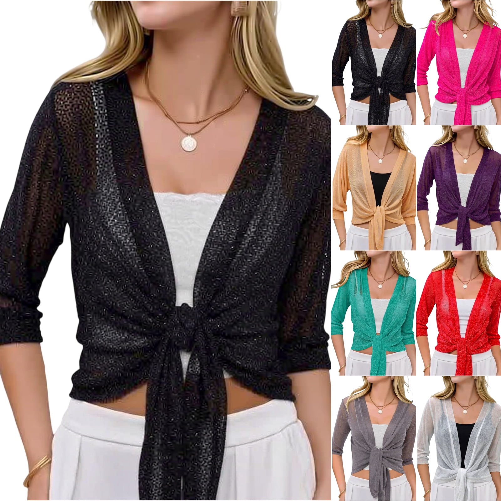 Women Crop Cardigan Sheer Mesh Shrug for Dress Bolero Tie Front 3