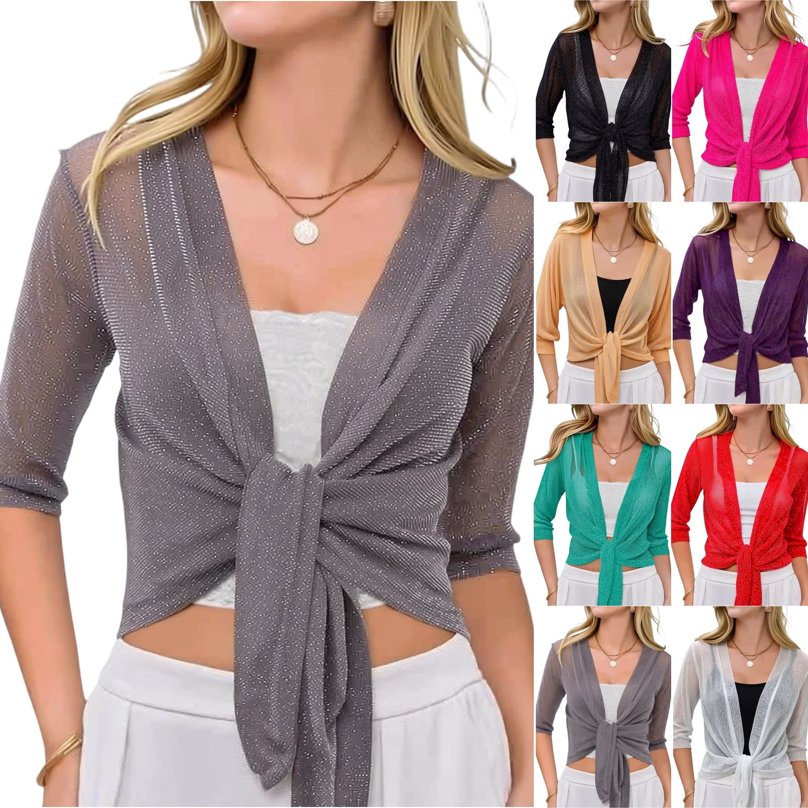 Women Crop Cardigan Sheer Mesh Shrug for Dress Bolero Tie Front 3