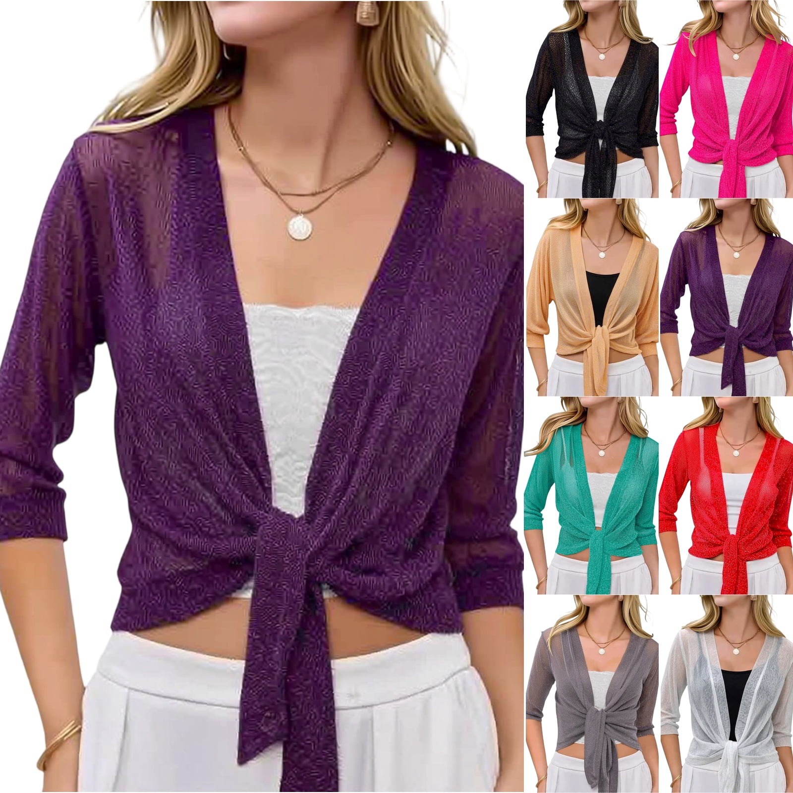 Women Crop Cardigan Sheer Mesh Shrug for Dress Bolero Tie Front 3