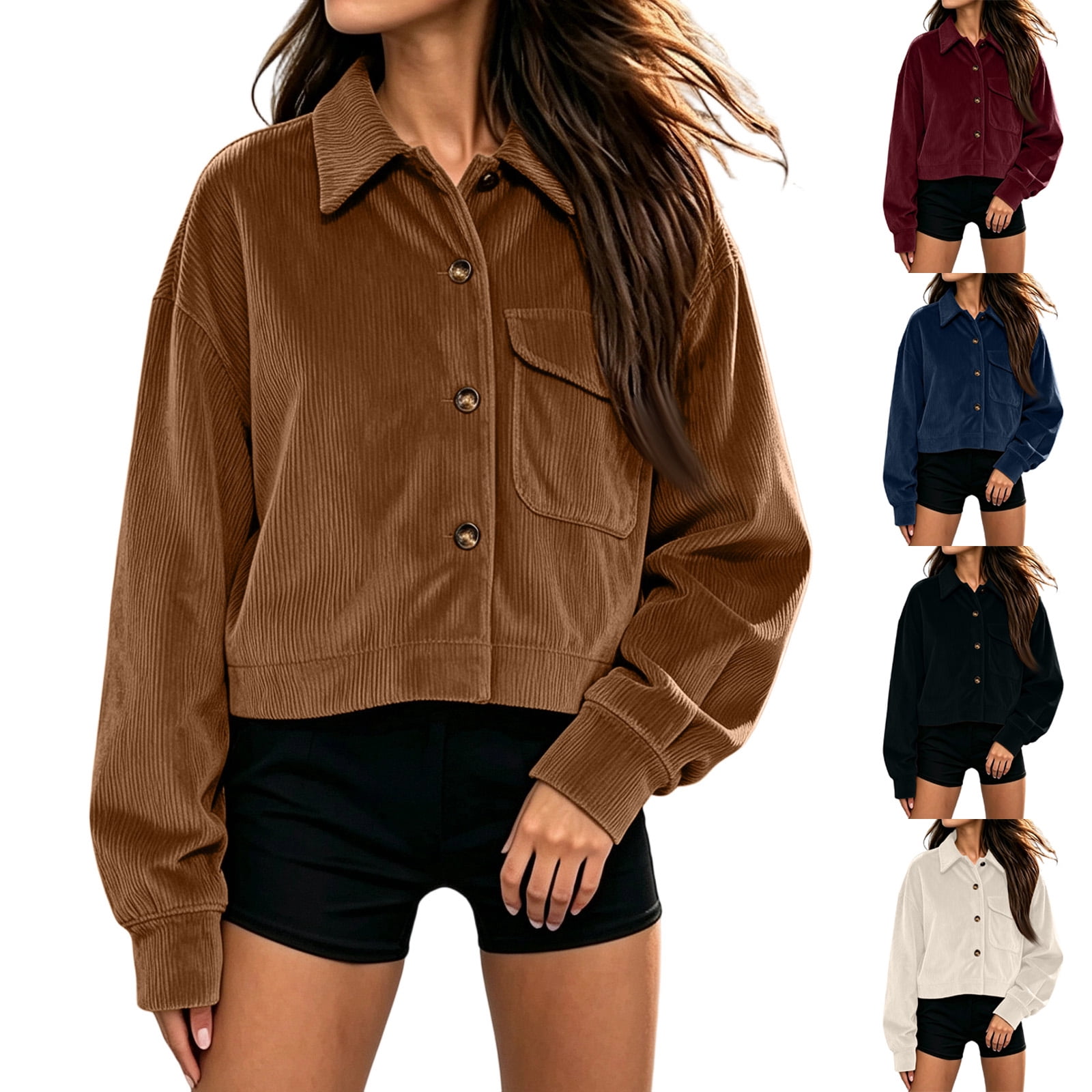 Women Crop Corduroy Jacket Button Up Collared Pocket Casual Fall Coat ...